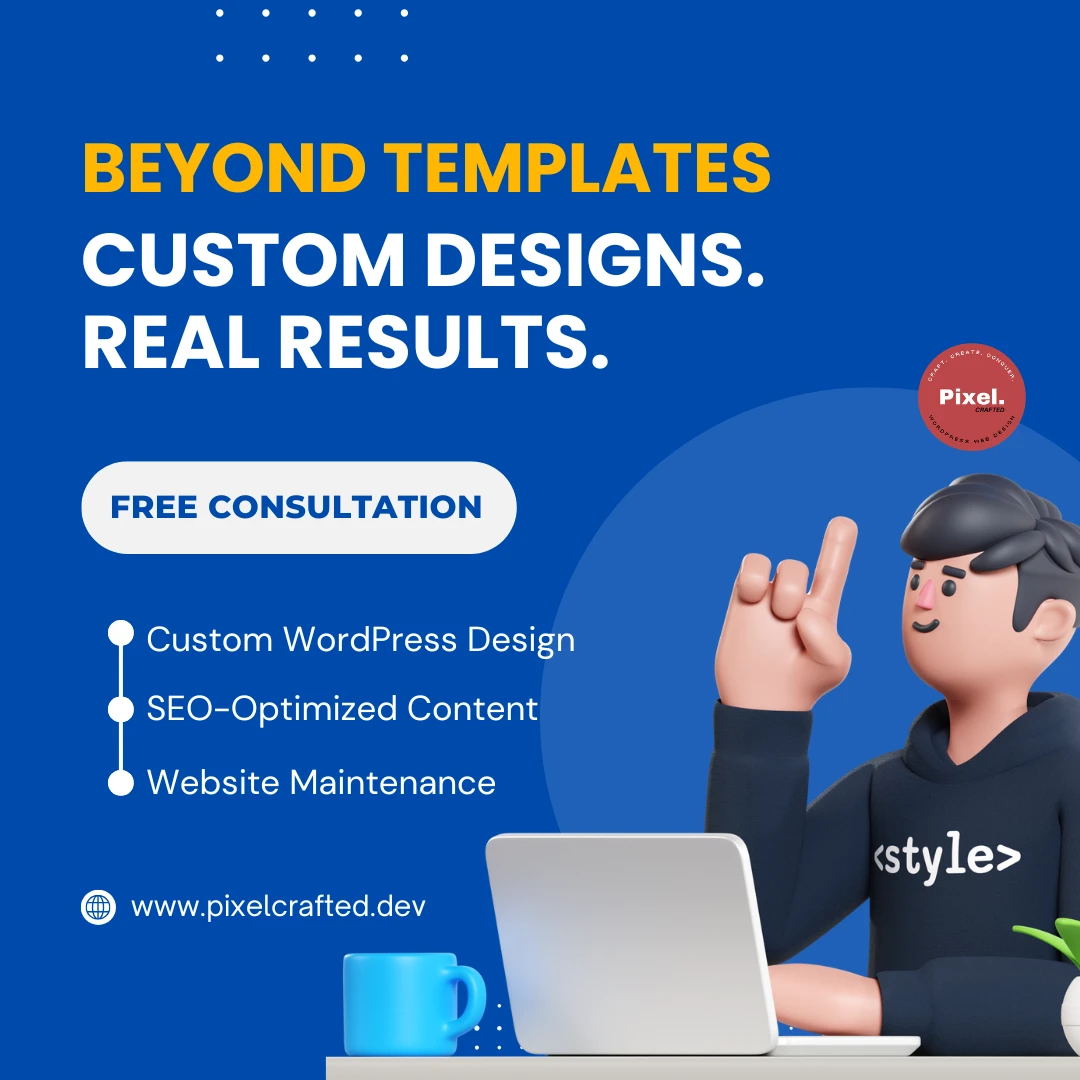 Marketing banner displaying services: custom WordPress design, SEO optimization, and website maintenance.