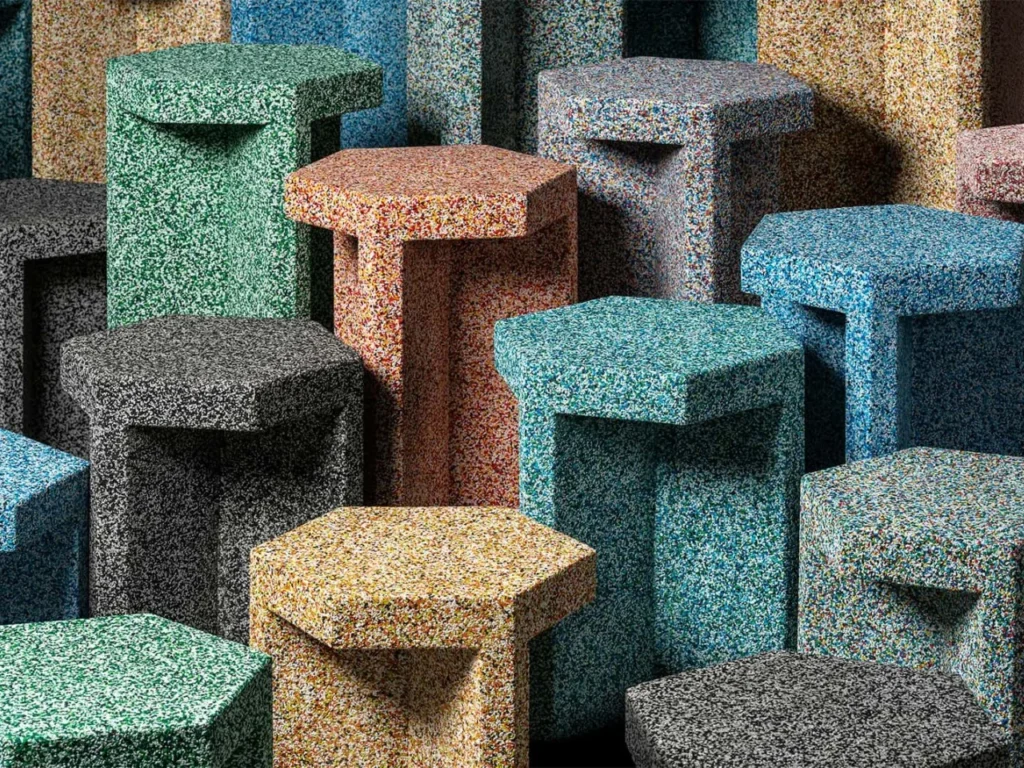 Mosaic-like stools are made from the soles of discarded rubber shoes - BENTU Design