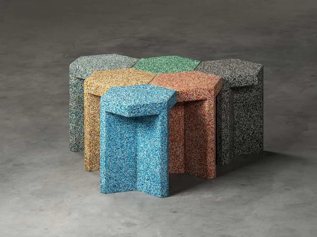 Mosaic-like stools are made from the soles of discarded rubber shoes - BENTU Design