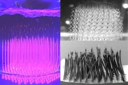 Featured image of an advanced 3D printer extruding ultra-fine, continuous polymer fibers via embedded solvent exchange, illustrating high-precision additive manufacturing for biomedical engineering, flexible electronics, and soft robotics research.