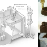 Overview of 3D-printed mycelium biocomposite. Our mycelium biocomposite paste, Mycofluid, is primarily composed of coffee grounds, can be 3D printed using a hobbyist 3D printer, and serves as the substrate for mycelium growth. Over time, mycelium colonizes the printed structure, bridging small gaps it encounters. This capability enables the creation of intricate geometries, including tall vases with delicate, thin walls.