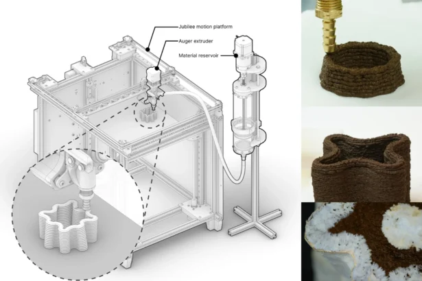 Overview of 3D-printed mycelium biocomposite. Our mycelium biocomposite paste, Mycofluid, is primarily composed of coffee grounds, can be 3D printed using a hobbyist 3D printer, and serves as the substrate for mycelium growth. Over time, mycelium colonizes the printed structure, bridging small gaps it encounters. This capability enables the creation of intricate geometries, including tall vases with delicate, thin walls.