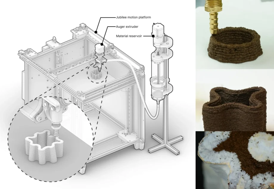 Overview of 3D-printed mycelium biocomposite. Our mycelium biocomposite paste, Mycofluid, is primarily composed of coffee grounds, can be 3D printed using a hobbyist 3D printer, and serves as the substrate for mycelium growth. Over time, mycelium colonizes the printed structure, bridging small gaps it encounters. This capability enables the creation of intricate geometries, including tall vases with delicate, thin walls.