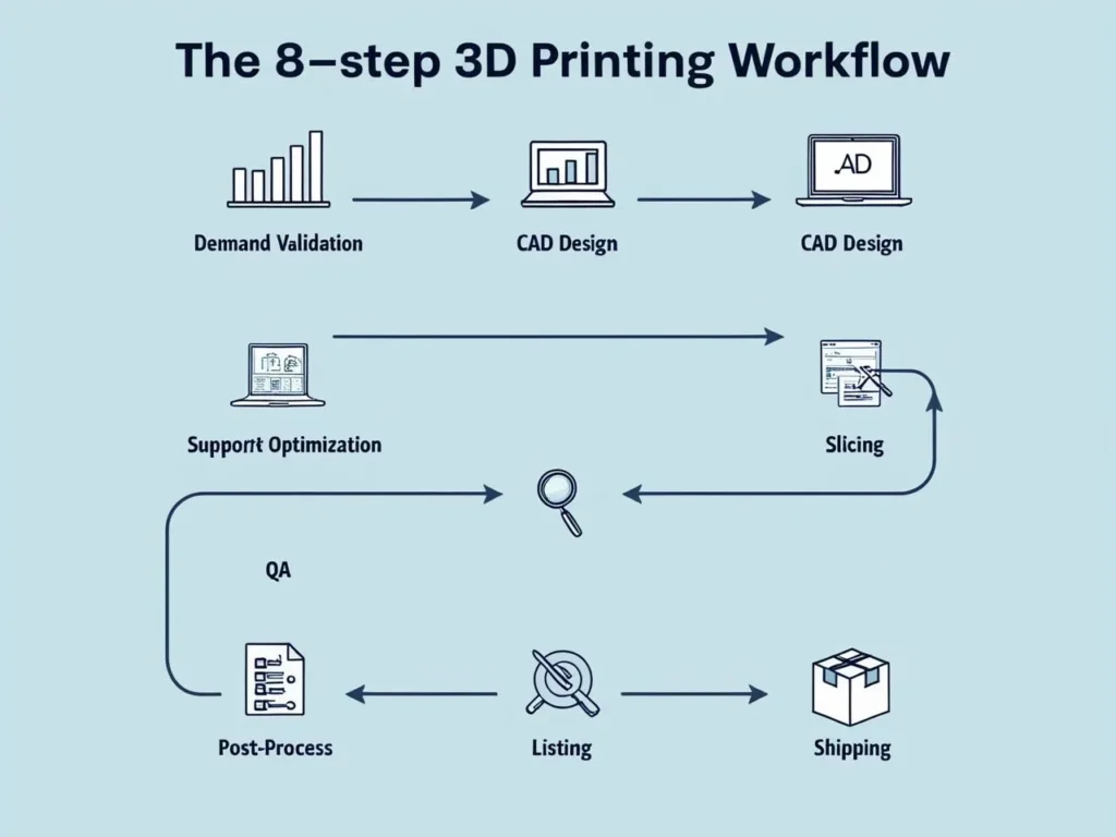 8-step 3D printing workflow from CAD modeling to post-processing and shipping in under 48 hours