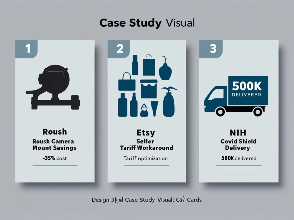 Case studies of companies using 3D printing to reduce costs, avoid tariffs, and deliver fast local production