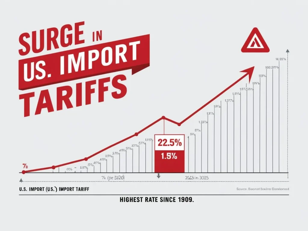 Chart showing U.S. import tariff increases from 7% in 2020 to 22.5% in 2025