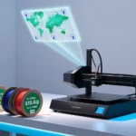 Desktop 3D printer with colorful, low-priced filament spools and “duty-free” tags, symbolizing cheaper 3D-printing materials and fewer tariff barriers in 2025-2030.