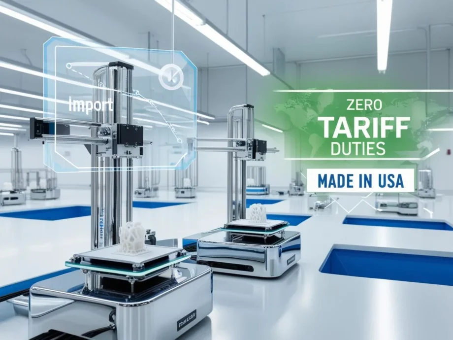 Illustration of compact 3D printers in a modern workshop with product parts on the build plates, a “Tariff-Free” badge, and a digital chart showing rising tariffs—conveying local, on-demand manufacturing as a response to high import taxes.