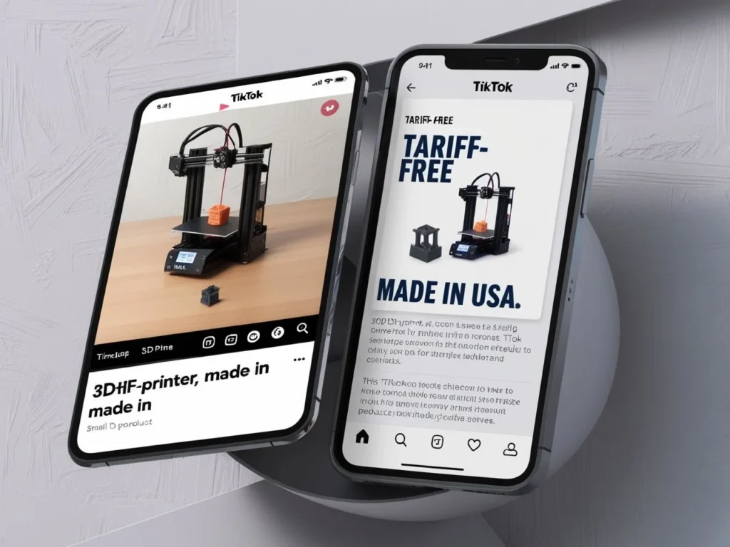 TikTok timelapse of 3D print in progress and product listing with 'Tariff-Free, Made in USA' tagline