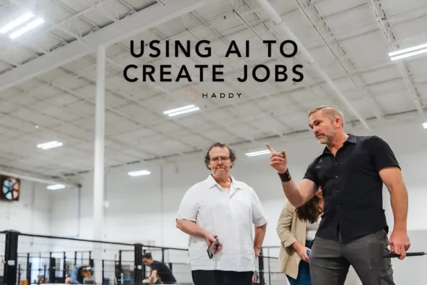 Image of Haddy’s microfactory where AI-driven robotics and human workers collaborate, illustrating how technology empowers skilled jobs in design, engineering, and production. (Photography by Haddy.life)