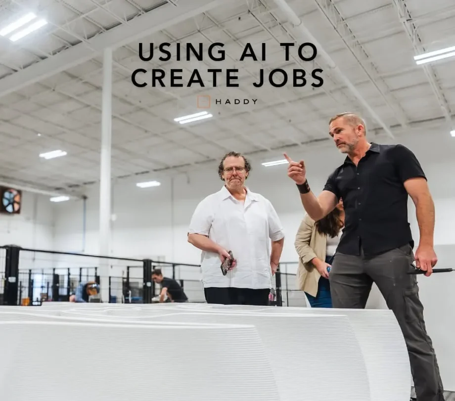 Image of Haddy’s microfactory where AI-driven robotics and human workers collaborate, illustrating how technology empowers skilled jobs in design, engineering, and production. (Photography by Haddy.life)