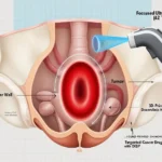 Cutaway illustration of a bladder tumor labeled “Tumor” being encircled by a bright red “3D-Printed DOXORUBICIN Hydrogel” ring, created by a labeled “Focused Ultrasound (42 °C)” beam from an external probe—visualizing sound-printed, targeted cancer drug delivery.