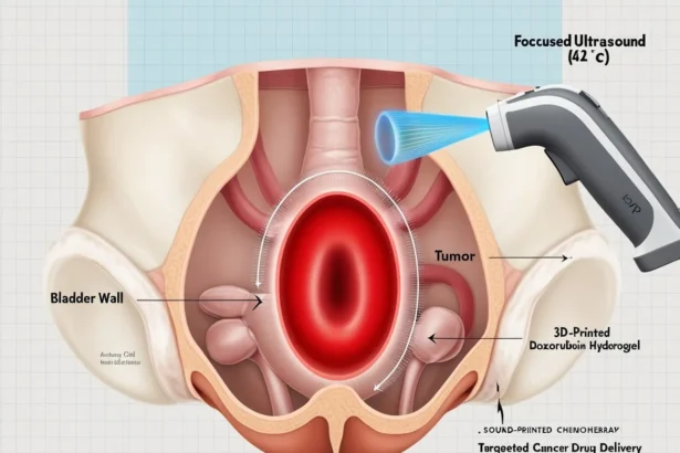 Cutaway illustration of a bladder tumor labeled “Tumor” being encircled by a bright red “3D-Printed DOXORUBICIN Hydrogel” ring, created by a labeled “Focused Ultrasound (42 °C)” beam from an external probe—visualizing sound-printed, targeted cancer drug delivery.