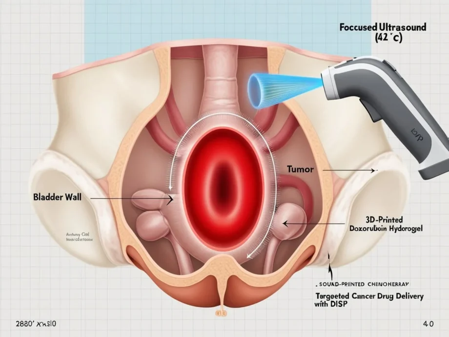Cutaway illustration of a bladder tumor labeled “Tumor” being encircled by a bright red “3D-Printed DOXORUBICIN Hydrogel” ring, created by a labeled “Focused Ultrasound (42 °C)” beam from an external probe—visualizing sound-printed, targeted cancer drug delivery.
