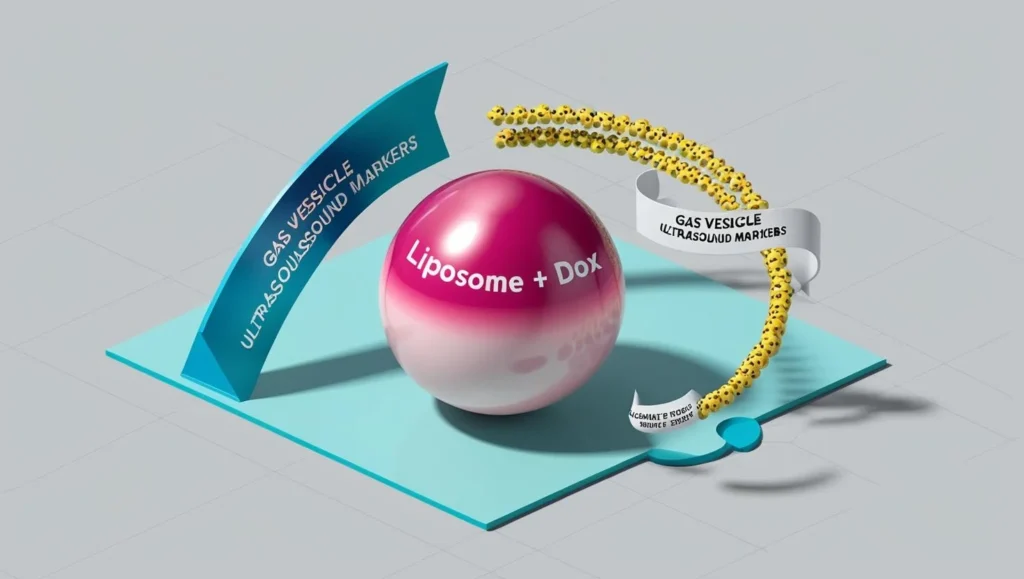 Exploded schematic labeling a doxorubicin-filled liposome, surrounding gas-vesicle ultrasound markers, and an alginate polymer shell, all triggered by a focused-ultrasound arrow at 42 °C.