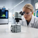 Forensic technician analyzing a 3D-printed object for unique printer trace patterns in a lab