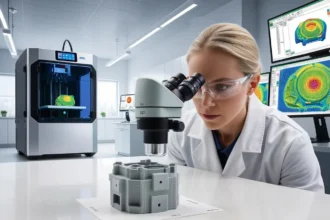 Forensic technician analyzing a 3D-printed object for unique printer trace patterns in a lab