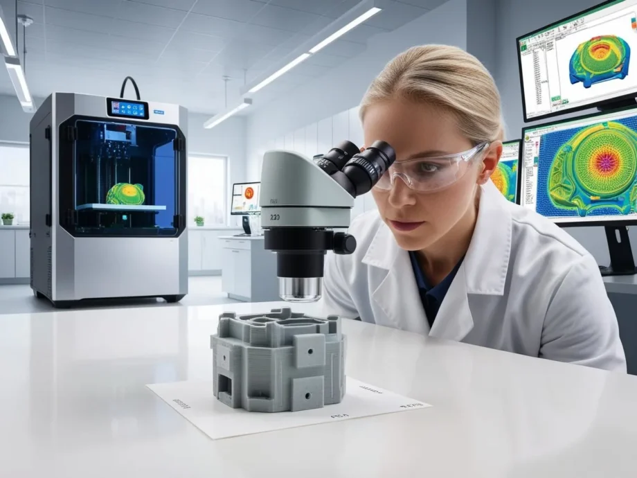 Forensic technician analyzing a 3D-printed object for unique printer trace patterns in a lab
