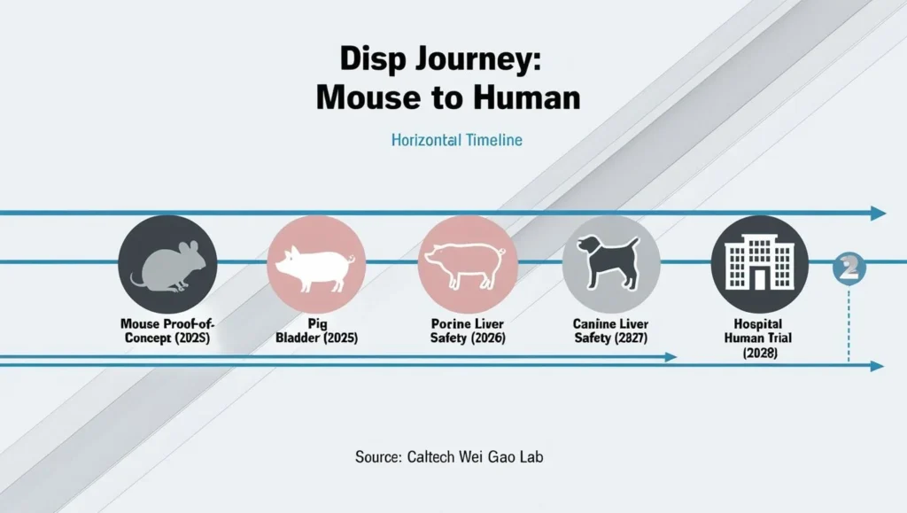 Horizontal timeline titled “DISP Journey: Mouse to Human” with icons marking 2025 mouse proof-of-concept, 2026 porcine bladder study, 2027 canine liver safety study, and a 2028 target Phase I human trial.