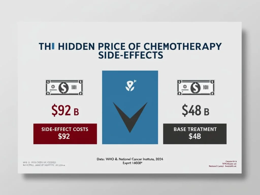 Infographic showing chemotherapy side-effect costs at 92 billion USD being nearly twice the 48 billion USD base treatment cost, illustrating financial toxicity.