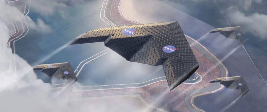 Concept illustration of modular morphing-wing aircraft cruising above a coastline