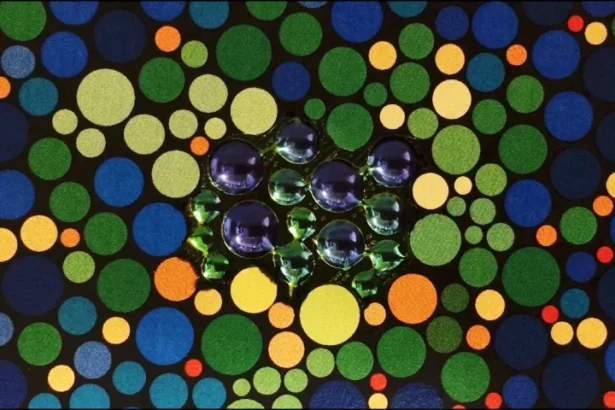 Pixelated CLCE lattice sample showing multi‑color reflection under gentle stretch.