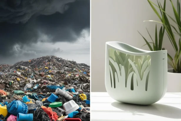 Side-by-side comparison of plastic pollution and a sustainable 3D-printed part made from plant-based resin