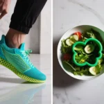 Split-screen image showing teal 3D-printed sneaker lattice next to green food-safe cookie cutter atop a salad bowl.