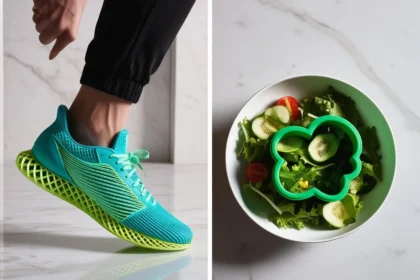 Split-screen image showing teal 3D-printed sneaker lattice next to green food-safe cookie cutter atop a salad bowl.