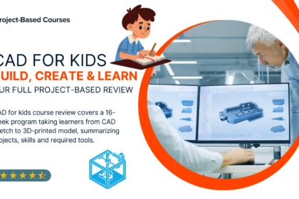 CAD for kids course review covers a 16-week program taking learners from CAD sketch to 3D-printed model, summarizing projects, skills and required tools.