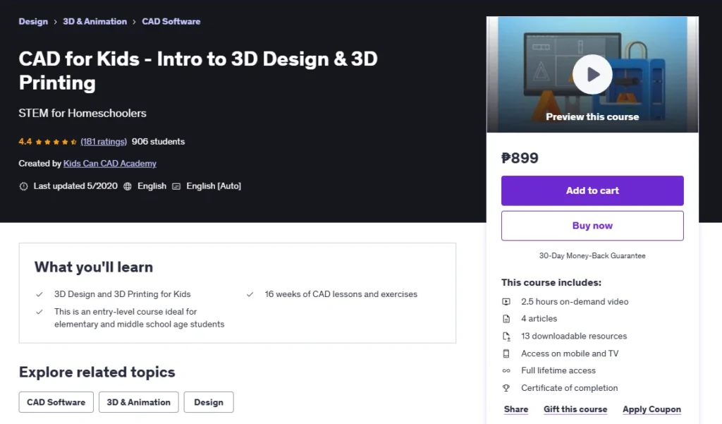 CAD for Kids - Intro to 3D Design & 3D Printing
