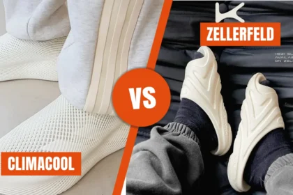 Side-by-side comparison of the Adidas 3D-Printed ClimaCool (left) and the Zellerfeld HEZI Slide (right), showing the ClimaCool’s fine hex lattice versus the HEZI Slide’s thicker diamond lattice.