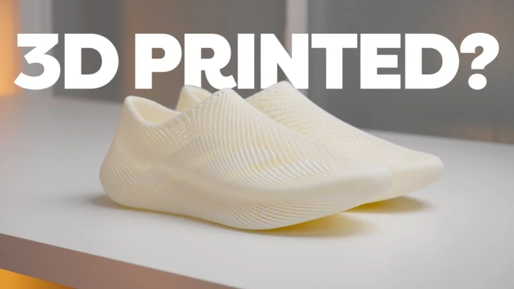 Cream‑colored 3D‑printed Climacool pair on a lab shelf with the word ‘PRINTER’ blurred in the background.