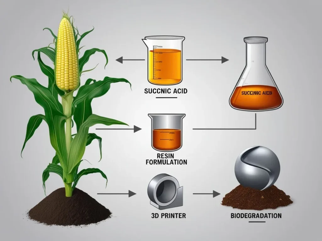 Illustrated lifecycle of a plant-based resin from natural feedstock to compostable 3D-printed product