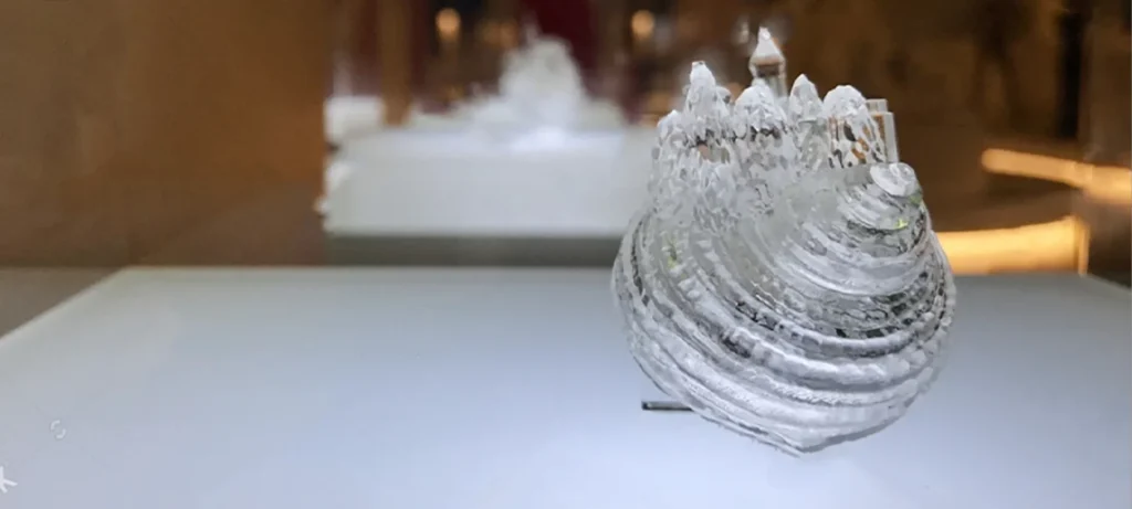 Transparent 3D-printed glass sculpture from an earlier high-heat process