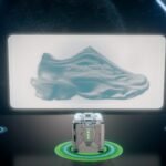 Digital render of Syntilay’s AI-designed space sneaker glowing in holographic display