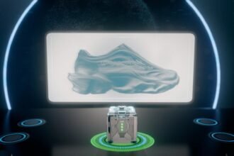 Digital render of Syntilay’s AI-designed space sneaker glowing in holographic display