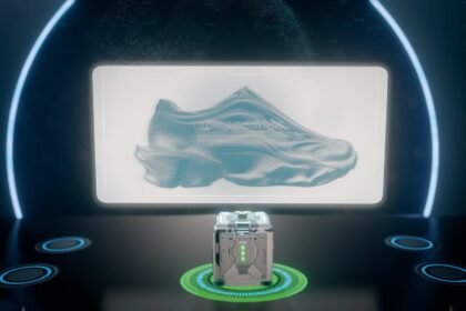 Digital render of Syntilay’s AI-designed space sneaker glowing in holographic display