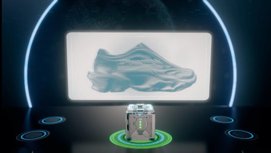 Digital render of Syntilay’s AI-designed space sneaker glowing in holographic display