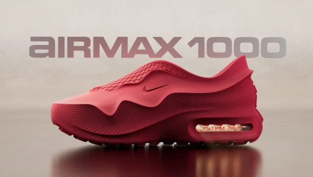 Nike Air Max 1000: Featuring a 3D-printed, laceless upper that combines smooth and textured finishes for a sleek, futuristic aesthetic. Credit: Image courtesy of Sneaker News.