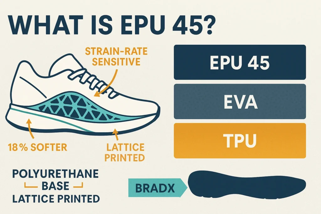 Infographic illustrating the features of EPU 45 foam compared to EVA and TPU, highlighting its 3D-printed lattice structure, 18% increased softness, and strain-rate sensitivity.