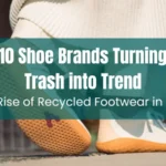 Digital collage of 10 recycled sneakers from top brands in 2025, showcasing eco-friendly materials like ocean plastic, algae foam, and knit uppers