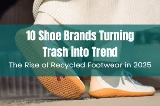 Digital collage of 10 recycled sneakers from top brands in 2025, showcasing eco-friendly materials like ocean plastic, algae foam, and knit uppers
