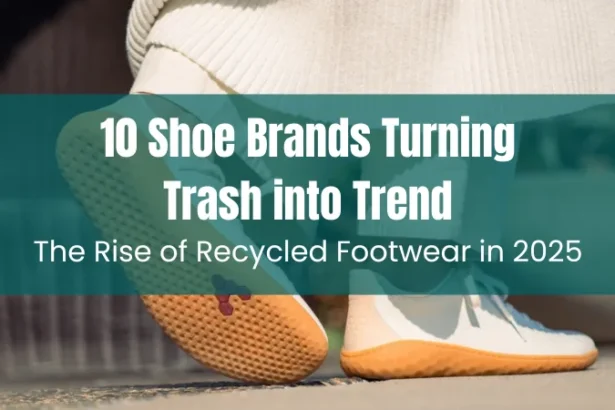 Digital collage of 10 recycled sneakers from top brands in 2025, showcasing eco-friendly materials like ocean plastic, algae foam, and knit uppers