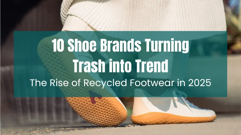 Digital collage of 10 recycled sneakers from top brands in 2025, showcasing eco-friendly materials like ocean plastic, algae foam, and knit uppers