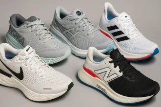High-resolution collage featuring five popular running shoes — Nike Invincible 4, HOKA Bondi 9, ASICS GEL-Nimbus 27, New Balance FuelCell SC Elite v4, and Adidas 4DFWD — recommended for an EPU 45 midsole upgrade.