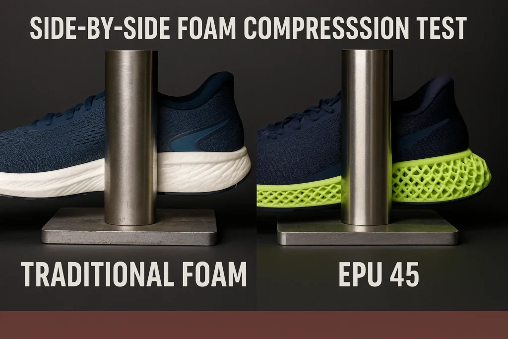 Digital comparison of foam materials under compression: EVA, TPU, and EPU 45, showing deformation and recovery to visualize impact absorption and durability.