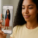 Woman holding phone showing herself in a Doppl-style outfit preview