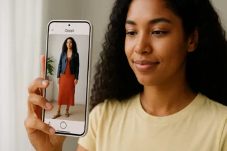 Woman holding phone showing herself in a Doppl-style outfit preview