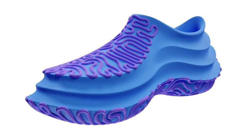 Blue‑and‑violet Koobz 16 kW 3D‑printed sneaker on white background.